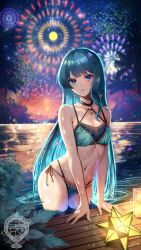 Rule 34 | 1girl, bikini, blue bikini, blue eyes, blue hair, blue nails, breasts, choker, collarbone, evening, fireworks, flower, hair flower, hair ornament, highres, hololive, hoshimachi suisei, layered bikini, light, long hair, looking at viewer, navel, o-ring, o-ring bikini, o-ring choker, o-ring top, ocean, official alternate hairstyle, palm tree, parted lips, partially submerged, pink flower, side-tie bikini bottom, sky, small breasts, solo, star (symbol), star in eye, stomach, straight hair, swimsuit, symbol in eye, tiprip kk, tree, very long hair, virtual youtuber, wet