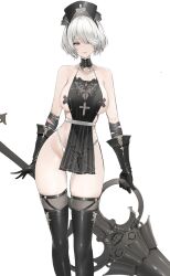 Rule 34 | 1girl, 2b (nier:automata), alternate costume, apron, arm wrap, boots, breasts, choker, cross, cross pasties, dishwasher1910, expressionless, gloves, grey eyes, grey hair, hair over one eye, hat, highres, large breasts, mole, mole under mouth, nier:automata, nier (series), no blindfold, panties, pasties, short hair, solo, sword, thigh boots, underwear, weapon
