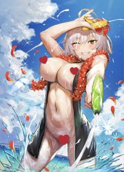 Rule 34 | 1girl, blush, breasts, censored, day, fate/grand order, fate (series), flower, flower necklace, heart, heart censor, jeanne d&#039;arc (fate), jeanne d&#039;arc alter (avenger) (fate), jeanne d&#039;arc alter (fate), jewelry, large breasts, navel, necklace, ocean, one eye closed, open clothes, open shirt, pyz (cath x tech), short hair, silver hair, sky, smile, wading, water gun, wet