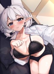 Rule 34 | 1girl, auraaa, blue eyes, blush, bra, breasts, camera, hand on own chest, highres, holding, holding camera, large breasts, looking at viewer, lorel (auraaa), midriff, original, pointy ears, shiny skin, shirt, short hair, smile, solo, thighs, underwear, white hair, white shirt