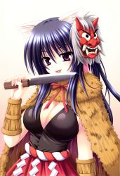Rule 34 | 1girl, absurdres, animal ears, blue hair, bow, breasts, cat ears, cleavage, hair bow, highres, japanese clothes, knife, large breasts, licking, long hair, mask, mask on head, matra milan, noihara himari, official art, omamori himari, oni mask, ponytail, purple eyes, smile, solo, tongue, tongue out, very long hair