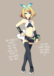 Rule 34 | 1girl, amanooni touri, bad id, blonde hair, blue eyes, bug, butterfly, female focus, full body, hard-translated, bug, kagamine rin, kokoro (vocaloid), midriff, navel, short hair, shorts, simple background, smile, solo, thighhighs, third-party edit, translated, vocaloid