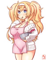 Rule 34 | alternate costume, artist logo, blonde hair, blue eyes, breasts, cleavage, commentary request, cowboy shot, dated, dress, finger in own mouth, gambier bay (kancolle), hairband, kanon (kurogane knights), kantai collection, large breasts, looking at viewer, mixed-language commentary, off-shoulder dress, off-shoulder sweater, off shoulder, one-hour drawing challenge, simple background, standing, sweater, sweater dress, twintails, white background, white dress, white hair, white sweater