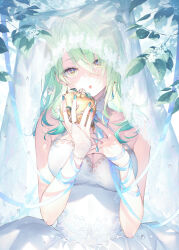 Rule 34 | 1girl, bare shoulders, blue gemstone, bridal gauntlets, bridal veil, ceres fauna, choker, dress, earrings, eyes visible through hair, gem, gloves, green hair, green nails, hand up, highres, hololive, hololive english, jewelry, lace, lace-trimmed choker, lace-trimmed dress, lace-trimmed headwear, lace-trimmed veil, lace trim, leaf, long hair, looking at viewer, neck ribbon, parted lips, ribbon, ring, single glove, sleeveless, sleeveless dress, solo, toosaka asagi, upper body, veil, virtual youtuber, water, wedding dress, white choker, white dress, white headwear, white ribbon, yellow eyes