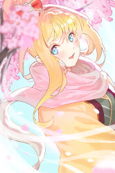 Rule 34 | 1girl, blonde hair, blue eyes, blush, bow, cherry blossoms, dutch angle, falling petals, fishofthelakes, floating hair, granblue fantasy, hair bow, hair intakes, highres, japanese clothes, kimono, long hair, looking at viewer, mirin (granblue fantasy), open mouth, petals, pink scarf, scarf, sidelocks, solo, striped bow, upper body, yellow kimono