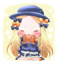 Rule 34 | 1girl, abigail williams (fate), black bow, black dress, black footwear, black hat, blonde hair, bloomers, blush, bow, bug, butterfly, chibi, closed eyes, commentary request, covered mouth, dress, facing viewer, fate/grand order, fate (series), forehead, full body, hair bow, hat, heart, hugging object, insect, long hair, long sleeves, orange bow, parted bangs, polka dot, polka dot bow, shoes, sitting, sleeves past fingers, sleeves past wrists, solo, stuffed animal, stuffed toy, teddy bear, tenmai miwa, underwear, very long hair, wariza, white bloomers