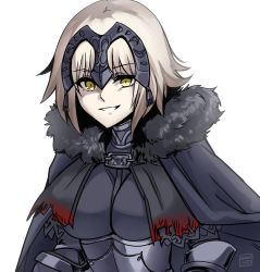 Rule 34 | armor, ayanobro, breasts, cape, chain, fate/grand order, fate (series), gauntlets, grey hair, headpiece, highres, jeanne d&#039;arc (fate), jeanne d&#039;arc alter (avenger) (fate), jeanne d&#039;arc alter (fate), large breasts, pale skin, smile, solo, yellow eyes