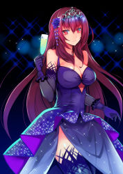 Rule 34 | 1girl, argyle, argyle clothes, argyle cutout, character cutout, clothing cutout, cup, dress, drinking glass, elbow gloves, fate/grand order, fate (series), flower, gloves, hair flower, hair ornament, highres, hyakuichi, jewelry, light smile, long hair, looking at viewer, necklace, purple dress, purple gloves, purple hair, purple thighhighs, red eyes, scathach (fate), scathach (formal dress) (fate), solo, sparkle, thighhighs, tiara