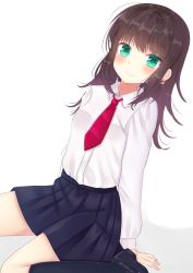 Rule 34 | 1girl, :&gt;, arm support, arms behind back, bad id, bad pixiv id, black footwear, black hair, black socks, blue skirt, blush, breasts, commentary request, dress shirt, earrings, green eyes, jewelry, kneehighs, leaning back, loafers, long hair, long sleeves, looking at viewer, necktie, nibosi, original, pleated skirt, red necktie, school uniform, shadow, shirt, shoes, simple background, sitting, skirt, small breasts, smile, socks, solo, uniform, wariza, white background, white shirt, wing collar