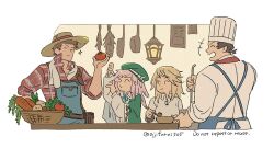Rule 34 | 2boys, 2girls, ;), asaya minoru, beret, brown hair, brown headwear, carrot, chef, chef hat, cloak, closed eyes, closed mouth, collared shirt, cooking pot, copyright request, english text, finger frame, food, green cloak, green headwear, hat, holding, holding food, holding spoon, ladle, lantern, long sleeves, multiple boys, multiple girls, one eye closed, overalls, pink hair, potato, puffy long sleeves, puffy sleeves, red shirt, shirt, simple background, smile, spoon, tomato, twitter username, white background, white headwear, white shirt, wooden spoon