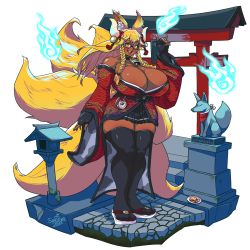 Rule 34 | 1girl, animal ears, bare shoulders, bell, black thighhighs, blonde hair, braid, breasts, cleavage, cowbell, dark-skinned female, dark skin, diorama, fingerless gloves, fox ears, fox girl, fox shadow puppet, fox statue, fox tail, glasses, gloves, highres, hitodama, horn ornament, horn ribbon, horns, huge breasts, japanese clothes, jingle bell, kimono, lips, long hair, multiple tails, neck bell, off shoulder, open mouth, orange eyes, original, plump, pocket watch, red kimono, ribbon, sandals, sandforte, short kimono, smile, solo, stone lantern, tail, thick thighs, thighhighs, thighs, torii, twin braids, watch, white background, zettai ryouiki