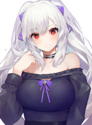 Rule 34 | 1girl, akizone, bare shoulders, black choker, breasts, choker, collarbone, commentary, grin, hair ribbon, highres, holding, holding hair, large breasts, long hair, long sleeves, looking at viewer, mole, mole under eye, original, purple ribbon, red eyes, ribbon, smile, solo, symbol-only commentary, teeth, twintails, white hair