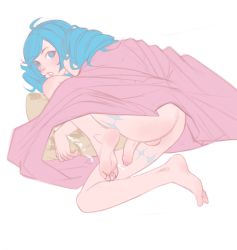 Rule 34 | 1girl, absurdres, ass, barefoot, blanket, cum, cum on legs, drill hair, from above, futanari, green eyes, green hair, gwen (league of legends), gwensoftpinktoes, highres, knee up, league of legends, lying, on side, penis, pillow, simple background, solo, teeth, testicles, twin drills, twintails, white background
