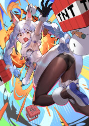 Rule 34 | 1girl, absurdres, animal ear fluff, animal ears, ankle garter, armpits, ass, bare shoulders, black gloves, black pantyhose, blue hair, bow, braid, breasts, bridal garter, carrot, carrot hair ornament, cleavage, coat, detached sleeves, don-chan (usada pekora), explosion, explosive, food-themed hair ornament, fur-trimmed gloves, fur trim, gloves, hair between eyes, hair bow, hair ornament, highres, hololive, kouhiipan, leotard, long braid, long hair, looking at viewer, minecraft, multicolored hair, open mouth, orange eyes, pantyhose, pekomon (usada pekora), playboy bunny, puffy detached sleeves, puffy sleeves, rabbit ears, rabbit girl, ribbon, scarf, short eyebrows, sidelocks, sleeveless, small breasts, solo, tearing up, thick eyebrows, tnt, tnt block (minecraft), tongue, twin braids, twintails, two-tone hair, usada pekora, usada pekora (1st costume), virtual youtuber, white coat, white footwear, white fur, white hair