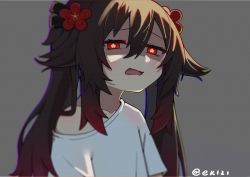 Rule 34 | 1girl, absurdres, bare shoulders, brown hair, disgust, flower, genshin impact, hair flower, hair ornament, half-closed eyes, highres, hu tao (genshin impact), ldd.ek, looking at viewer, off shoulder, open mouth, red eyes, shaded face, shirt, short sleeves, solo, star-shaped pupils, star (symbol), symbol-shaped pupils, twintails, white shirt