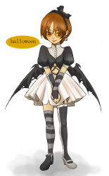 Rule 34 | 1girl, :p, asymmetrical clothes, asymmetrical footwear, bat wings, dress, earrings, jewelry, mismatched footwear, neoko, orange eyes, solo, sunglasses, thighhighs, tongue, tongue out, wings