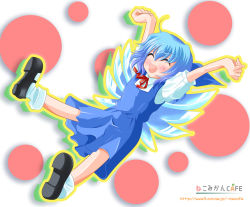 Rule 34 | 1girl, \o/, arms up, cirno, embodiment of scarlet devil, female focus, hair between eyes, nekoshiro mikan, outstretched arms, smile, socks, solo, touhou, white socks