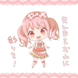 Rule 34 | 1girl, :d, bang dream!, blush, border, bow, chibi, commentary request, dress, flower, frilled dress, frills, full body, hair bow, hair flower, hair ornament, kneehighs, lace, lace border, looking at viewer, maruyama aya, neck ribbon, nut megu, open mouth, ornate border, pink eyes, pink hair, plaid, plaid bow, ribbon, short sleeves, sidelocks, simple background, smile, socks, solo, striped clothes, striped socks, translation request, twintails, vertical-striped clothes, vertical-striped socks, white background, wrist cuffs