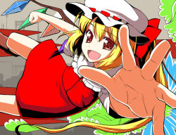 Rule 34 | 1girl, :d, b-ginga, bad id, bad pixiv id, blonde hair, female focus, flandre scarlet, foreshortening, hat, open mouth, outstretched arm, outstretched hand, red eyes, short hair, smile, solo, star-shaped pupils, star (symbol), symbol-shaped pupils, touhou, wings