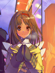 Rule 34 | 1girl, black gloves, breath, brown hair, building, cloak, gloves, kanon, kizaki, lamp, light, looking at viewer, mittens, outdoors, own hands together, short hair, smile, solo, sweater, tsukimiya ayu, turtleneck, upper body
