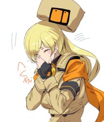 Rule 34 | 1girl, ashiomi masato, beige jacket, black gloves, blonde hair, breasts, closed eyes, covering own mouth, fingerless gloves, fur hat, gloves, guilty gear, guilty gear strive, hat, highres, large breasts, long hair, long sleeves, millia rage, scarf, sneezing, solo, ushanka, yellow scarf