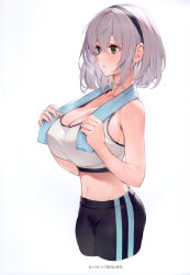 Rule 34 | 1girl, absurdres, bare arms, bare shoulders, breasts, cleavage, collarbone, green eyes, grey hair, hairband, highres, holding, hololive, large breasts, midriff, navel, pants, parted lips, scan, shirogane noel, short hair, simple background, skin tight, sleeveless, stomach, striped, sweat, sweatdrop, tank top, towel, towel around neck, vertical stripes, virtual youtuber, watao, yoga pants