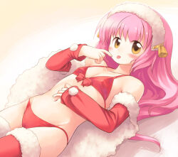 Rule 34 | 1girl, bell, bikini, blush, bow, breasts, brown eyes, christmas, commentary request, cowboy shot, cum, detached sleeves, emurin, facial, fur-trimmed thighhighs, fur hairband, fur trim, long hair, looking at viewer, navel, original, pink hair, red bikini, red bow, red sleeves, red thighhighs, small breasts, solo, swimsuit, thighhighs, tongue, tongue out
