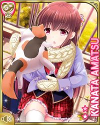 Rule 34 | 1girl, :o, amatsu kanata, blazer, blue jacket, bow, bowtie, brown hair, card, cat, character name, coat, day, girlfriend (kari), jacket, long hair, official art, open mouth, outdoors, plaid, plaid skirt, qp:flapper, red bow, red eyes, red skirt, scarf, school uniform, shirt, sitting, skirt, solo, tagme, white bow, white bowtie, white coat, white shirt
