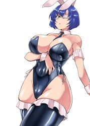Rule 34 | 1girl, 2023, animal ears, ass, black leotard, blue hair, breasts, chinese zodiac, cleavage, curvy, dated, detached collar, expressionless, eyepatch, fake animal ears, green eyes, haiboku, highleg, highleg leotard, highres, ikkitousen, large breasts, legs, leotard, looking at viewer, playboy bunny, rabbit ears, ryomou shimei, shiny clothes, shiny skin, short hair, solo, strapless, strapless leotard, thighs, thong leotard, white background, wide hips, year of the rabbit