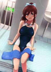Rule 34 | 10s, 1girl, :d, arm support, blue eyes, blush, bow, brown hair, competition swimsuit, goggles, goggles around neck, hair bow, highres, idolmaster, idolmaster million live!, lens flare, long hair, on floor, one-piece swimsuit, open mouth, plaid, plaid bow, ponytail, satake minako, sitting, smile, solo, swimsuit, takahashi umori, tile floor, tiles, towel, wet, wet hair