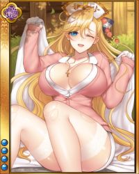 Rule 34 | 1girl, animated, animated gif, artist request, blanket, blonde hair, blue eyes, blush, border, bouncing breasts, breasts, burguillos, cross, cross necklace, dengeki, hair ornament, hands up, hat, heart, holding, jewelry, large breasts, long hair, looking at viewer, necklace, nurse, nurse cap, one eye closed, open mouth, sengoku bushouki muramasa, sitting, smile, solo, thighhighs, torn clothes, torn thighhighs, unbuttoned, white thighhighs, wink
