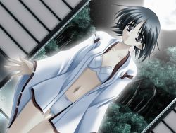 Rule 34 | 1girl, black hair, bra, forest, game cg, lingerie, moon, nature, night, open clothes, open shirt, panties, shirt, short hair, solo, star (sky), tree, underwear, white bra, white panties