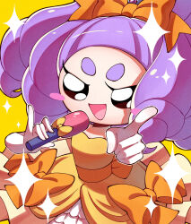Rule 34 | 1girl, black eyes, blush stickers, dress, highres, holding, holding microphone, looking at viewer, microphone, open mouth, pipiko., purple hair, solo, sparkle, speechhime, yellow background, yellow dress, youkai watch