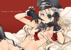 Rule 34 | 10s, 1girl, 2010, bad id, bad pixiv id, ban! (bansankan), bed, blonde hair, blue hair, breasts, eyepatch, garter belt, happy new year, hat, long hair, lying, military hat, nazi, necktie, new year, original, peaked cap, small breasts, solo, thighhighs