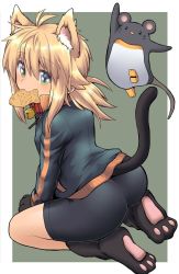 Rule 34 | 1girl, animal ears, animal hands, antenna hair, ass, bell, bike shorts, black footwear, black gloves, black jacket, black shorts, blonde hair, blush, cat ears, cat girl, cat tail, collar, commentary request, fang, food, food in mouth, from behind, gloves, green eyes, grey background, hair between eyes, highres, hijikata-san (m.m), jacket, jingle bell, kemonomimi mode, koshirae tsurugi (m.m), long hair, looking at viewer, looking back, low ponytail, m.m, mouse ears, mouse tail, mouth hold, neck bell, original, paw gloves, paw shoes, ponytail, red collar, short shorts, shorts, tail, taiyaki, track jacket, two-tone background, wagashi, white background
