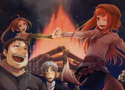 Rule 34 | 00s, 2girls, 3boys, ahoge, ayakura juu, bonfire, brown hair, character request, craft lawrence, fire, holding hands, happy, highres, holo, long hair, multiple boys, multiple girls, night, one eye closed, open mouth, red eyes, scan, spice and wolf, sweatdrop, tail, translation request, wink, wolf tail