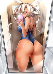 Rule 34 | 10s, 1girl, ass, blonde hair, blush, breasts, cellphone, dark skin, dark-skinned female, female focus, female pov, from behind, glasses, headgear, huge ass, kantai collection, large breasts, looking back, mirror, murasame nohito, musashi (kancolle), one-piece swimsuit, one-piece thong, personification, phone, pointy hair, pov, red eyes, reflection, school swimsuit, selfie, smartphone, solo, swimsuit, thong, twintails