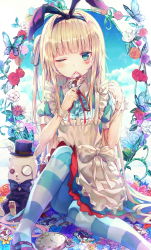 Rule 34 | 1girl, alice (alice in wonderland), alice in wonderland, animal ears, apron, blonde hair, bug, butterfly, card, clock, cloud, commentary, dress, fake animal ears, flower, frilled apron, frills, green dress, green eyes, hairband, hat, highres, holding, huwari (dnwls3010), insect, knee up, long hair, looking at viewer, mary janes, monocle, neck ribbon, one eye closed, one side up, pantyhose, plant, red ribbon, ribbon, roman numeral, rose, shoes, short sleeves, sitting, solo, striped clothes, striped pantyhose, stuffed animal, stuffed rabbit, stuffed toy, top hat, very long hair, vines, wing collar, wrist cuffs
