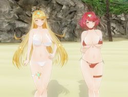 Rule 34 | 2girls, 3d, absurdres, aliasing, beach, bikini, blonde hair, blush, breasts, cleavage, custom maid 3d 2, dual persona, highres, huge breasts, large breasts, long hair, looking at viewer, multiple girls, mythra (xenoblade), navel, nintendo, palm tree, plant, pyra (xenoblade), red hair, rock, sand, short hair, swimsuit, thigh strap, tree, very long hair, xenoblade chronicles (series), xenoblade chronicles 2