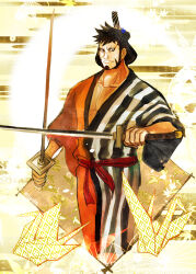 Rule 34 | 1boy, black hair, closed mouth, commentary, commentary request, english commentary, facial hair, goatee, harakara12, highres, holding, holding sword, holding weapon, japanese clothes, katana, kimono, kinemon, long sideburns, male focus, mixed-language commentary, one piece, short hair, sideburns, smile, solo, sword, topknot, weapon