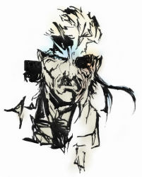 Rule 34 | 1boy, absurdres, blue eyes, calligraphy brush (medium), eyepatch, facial hair, headband, highres, male focus, metal gear (series), metal gear solid 4: guns of the patriots, monochrome, mustache, official style, old snake, shirokuro uddo, short hair, solo, traditional media, upper body