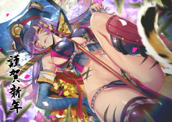 Rule 34 | 1girl, animal ears, armor, bandaged arm, bandaged hand, bandages, blue hat, blurry, blurry foreground, body markings, chinese zodiac, closed mouth, ears through headwear, eyeshadow, facial mark, fingernails, floral print, flower, from below, grass, hair between eyes, hair ornament, hand on own hip, hat, highres, holding, holding weapon, long hair, makeup, multicolored hair, navel, original, over shoulder, petals, pink flower, pink hair, purple flower, purple hair, red eyeshadow, shiny skin, skindentation, solo, streaked hair, tail, teddy (khanshin), tiger ears, tiger girl, tiger tail, tongue, tongue out, weapon, weapon over shoulder, whisker markings, year of the tiger, yellow eyes