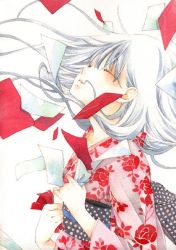 Rule 34 | 1girl, closed eyes, japanese clothes, kimono, letter, long hair, painting (medium), solo, traditional media, uko (artist), watercolor (medium), yufushi