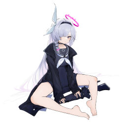 Rule 34 | 1girl, absurdres, bare legs, barefoot, blue archive, blush, coat, feet, grey eyes, grey hair, gun, hair over one eye, hairband, halo, highres, oooomiga, plana (blue archive), pleated skirt, school uniform, serafuku, simple background, sitting, skirt, sleeves past wrists, solo, spread legs, thighs, toes, weapon, white background