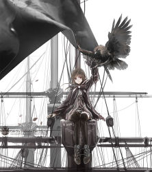 Rule 34 | 1girl, bird, boat, brown hair, character request, eagle, highres, legs, lin+, original, purple eyes, ship, short hair, sitting, solo, thighhighs, watercraft