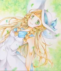 Rule 34 | 1girl, blonde hair, blue ribbon, braid, breasts, closed mouth, creatures (company), dress, floating hair, game freak, green background, green eyes, hat, hat ribbon, lillie (pokemon), long hair, nintendo, pokemon, pokemon sm, ribbon, sleeveless, sleeveless dress, small breasts, smile, solo, sun hat, sundress, twin braids, very long hair, white dress, white hat, yomogi (black-elf)