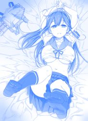 Rule 34 | 10s, 1girl, arms behind head, bdsm, blue theme, bondage, bound, bound wrists, breasts, feet, from above, full body, hairband, himura kiseki, huge breasts, kantai collection, legs up, long hair, looking at viewer, lying, md5 mismatch, midriff, monochrome, navel, on back, parted lips, pleated skirt, resized, school uniform, serafuku, short sleeves, skirt, socks, solo, toes, underboob, ushio (kancolle)