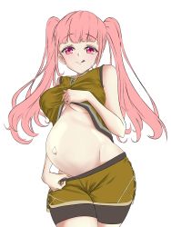 Rule 34 | 1girl, :q, absurdres, breasts, female focus, fire emblem, fire emblem: three houses, garreg mach monastery uniform, gym uniform, highres, hilda valentine goneril, large breasts, long hair, matching hair/eyes, navel, nintendo, official alternate costume, outie navel, pink eyes, pink hair, pregnant, shorts, simple background, sleeveless, solo, steeb, tongue, tongue out, twintails, twitter username, underboob, uniform