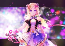 Rule 34 | 1girl, aki rosenthal, azumi akitake, belt, blonde hair, blurry, blush, bob cut, bokeh, bow, breasts, closed mouth, crop top, depth of field, gloves, hair bow, highres, holding, holding microphone, hololive, large breasts, long hair, looking at viewer, microphone, navel, official alternate costume, parted bangs, pink bow, pink ribbon, purple eyes, ribbon, smile, solo, very long hair, virtual youtuber, white gloves