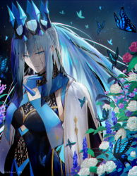 Rule 34 | 1girl, alternate costume, black dress, blue butterfly, blue eyes, braid, breasts, bug, butterfly, crown, dress, fate/grand order, fate (series), flower, highres, insect, medium breasts, minoe08, morgan le fay (fate), morgan le fay (queen of winter) (fate), night, night sky, official alternate costume, ponytail, red flower, sky, solo, twitter username, veil, white flower, white hair